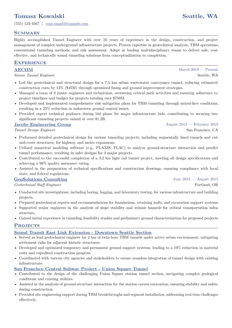 Tunnel Engineer Resume Example CV template preview