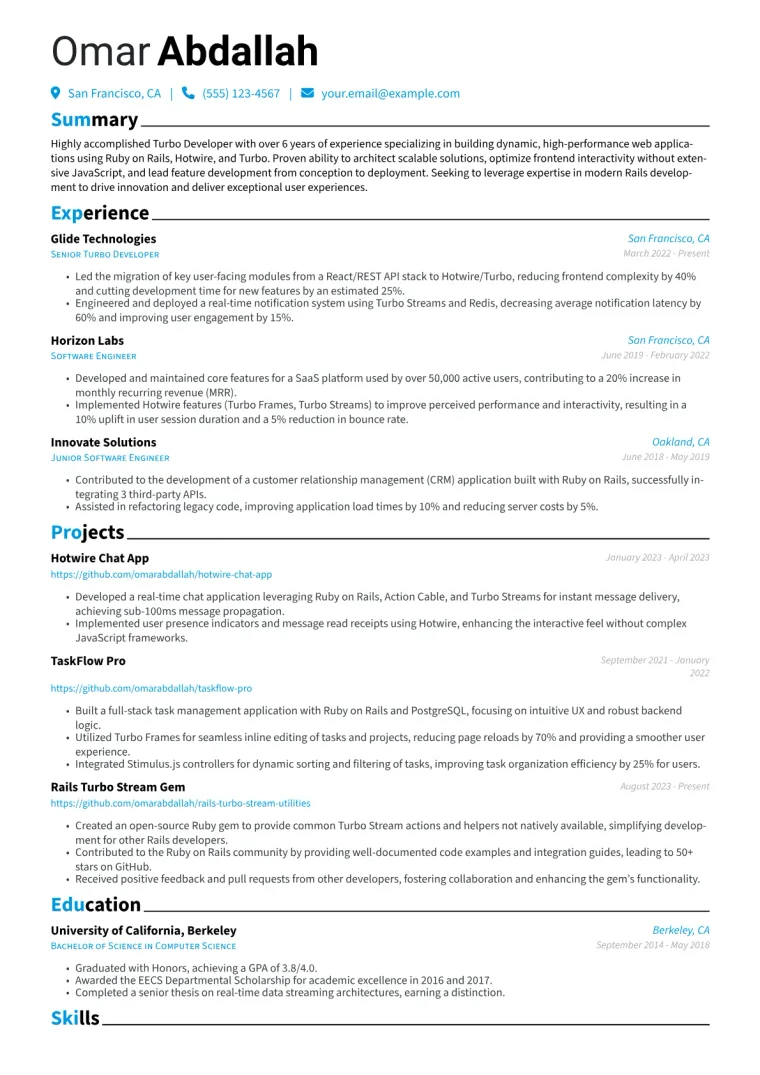 Turbo Developer Resume Example CV template preview