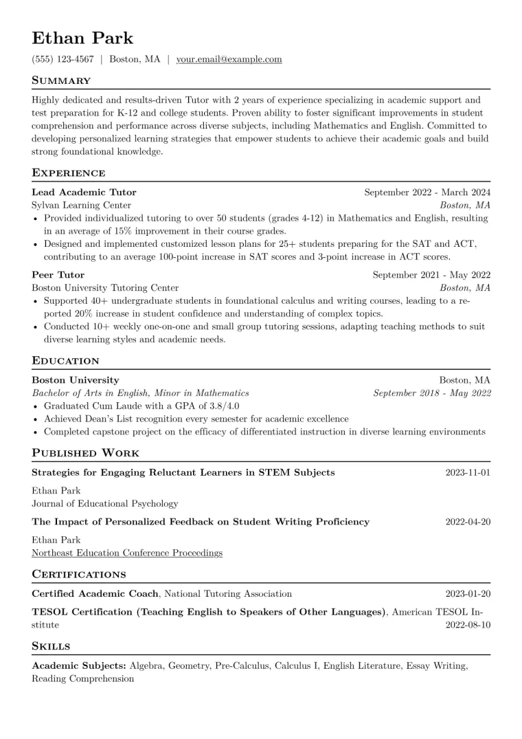 Tutor Resume Example CV template preview