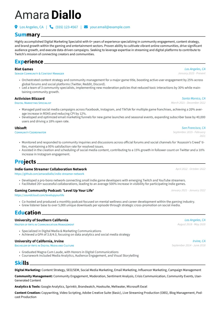 Twitch Resume Example CV template preview