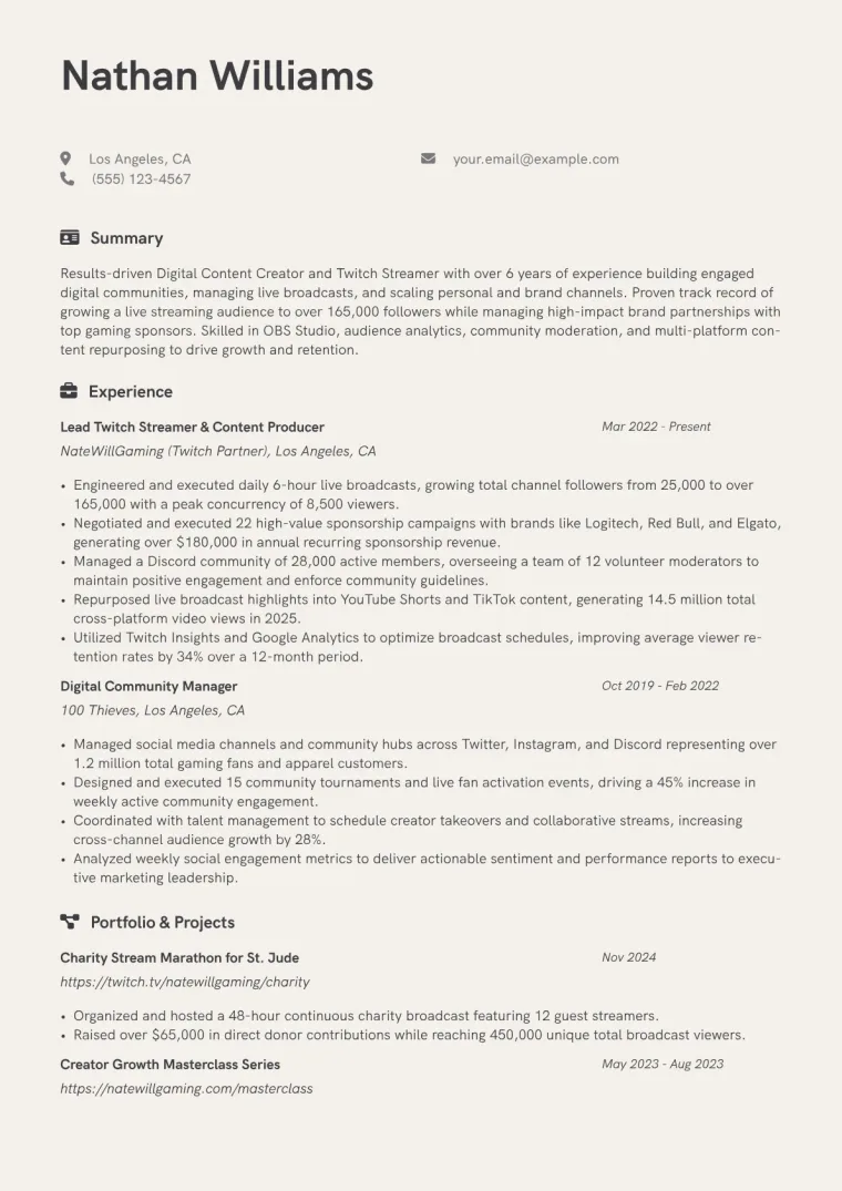 Twitch Streamer Resume Example CV template preview