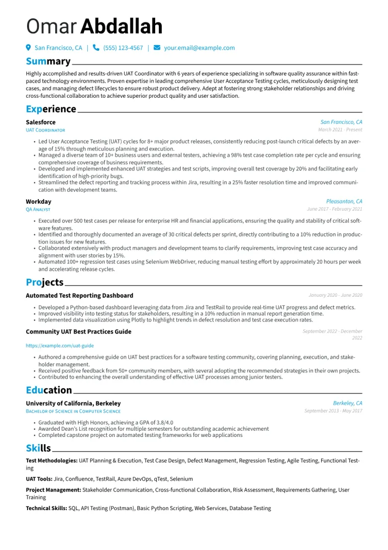 UAT Coordinator Resume Example CV template preview