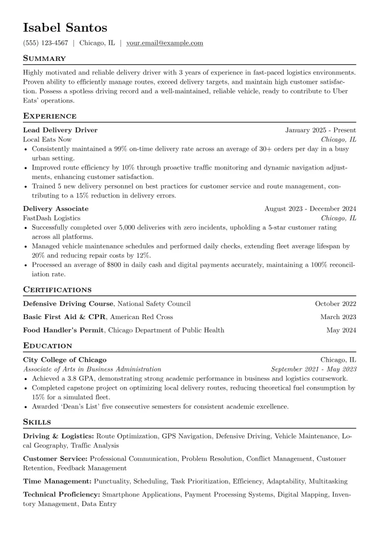 Uber Eats Resume Example preview