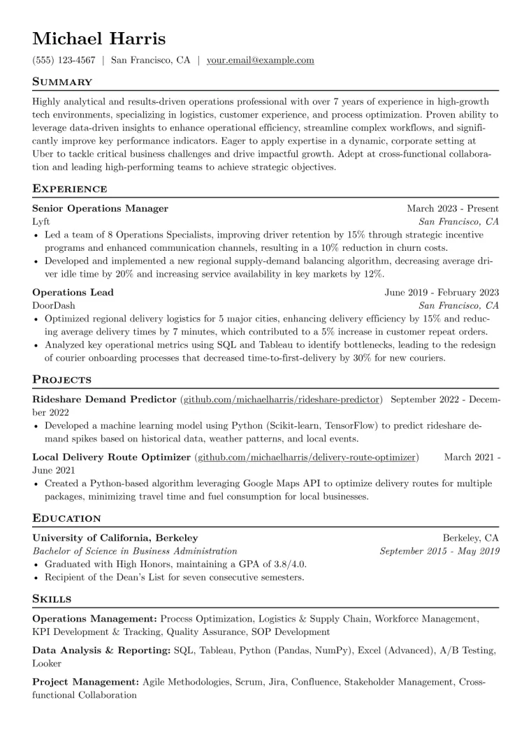 Uber Resume Example CV template preview