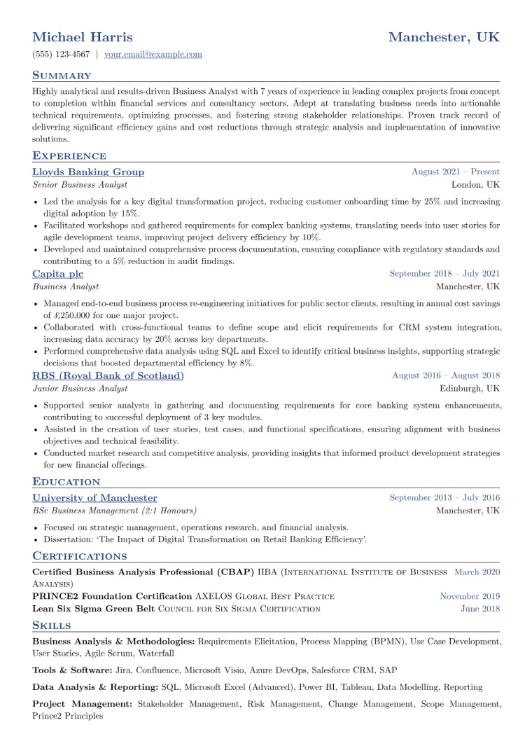 UK CV Example CV template preview
