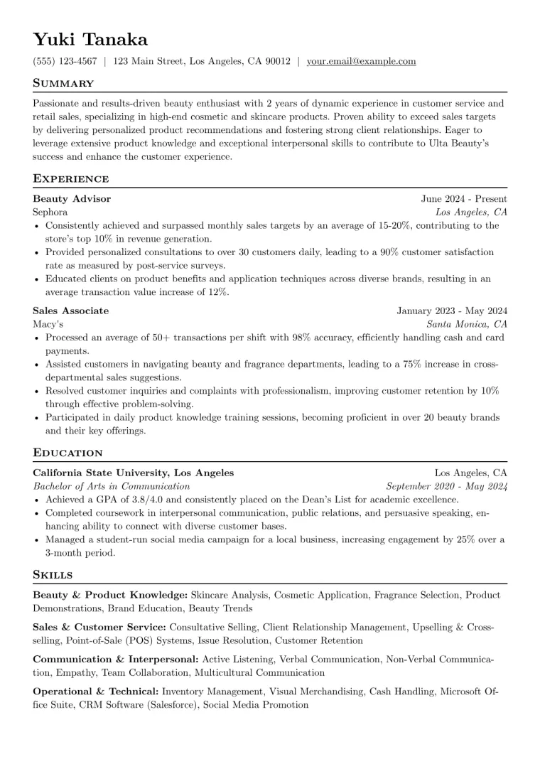 Ulta Resume Example preview