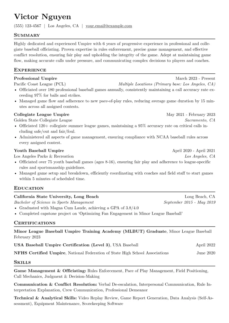 Umpire Resume Example CV template preview