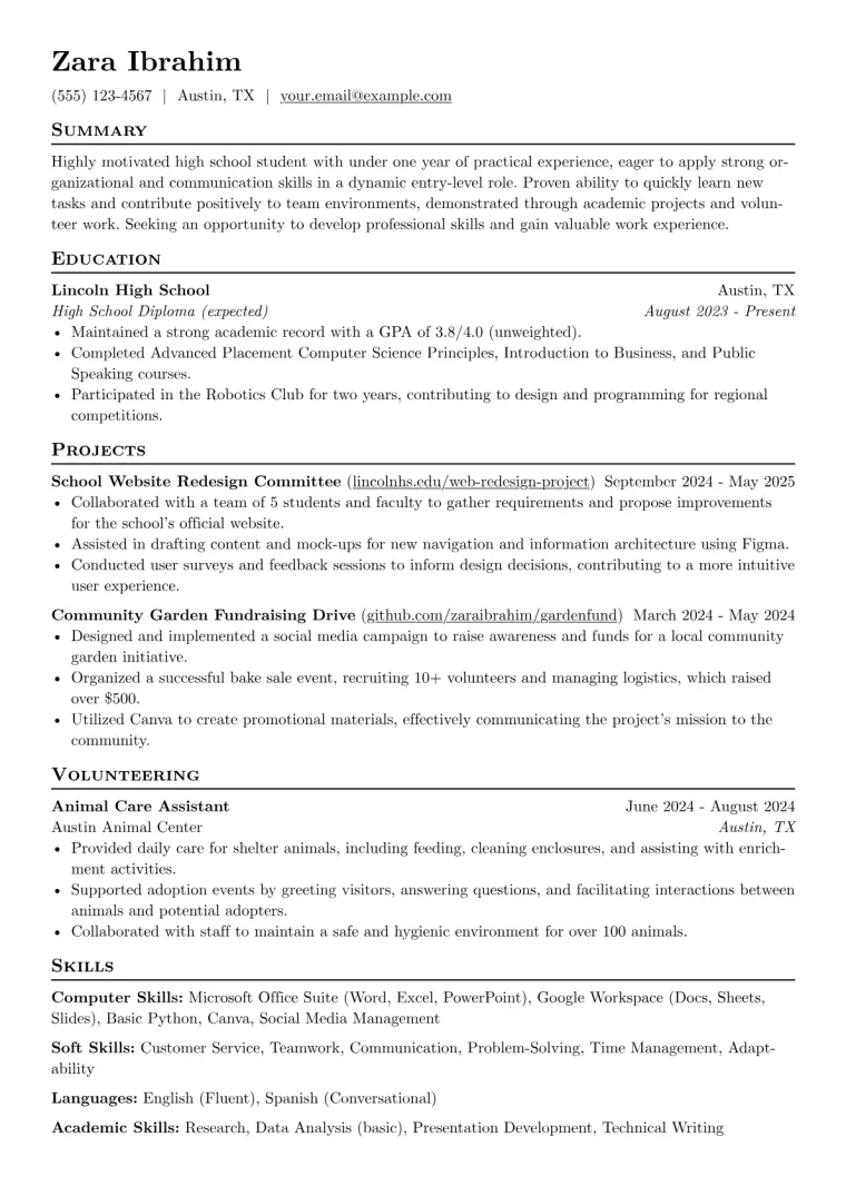 Underage Job Seeker Resume Example CV template preview