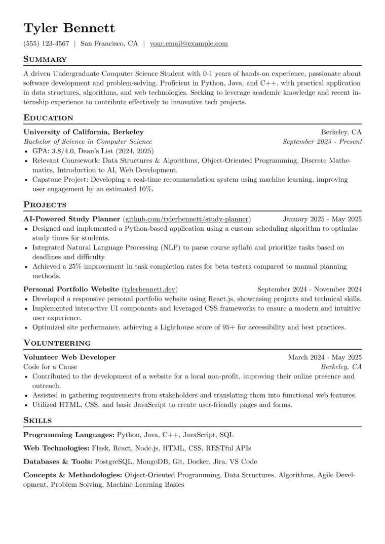 Undergraduate Computer Science Student Resume Example preview