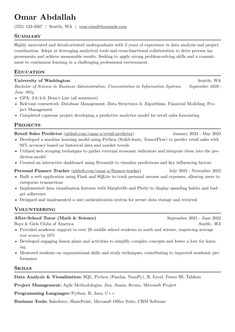 Undergraduate Resume Example CV template preview