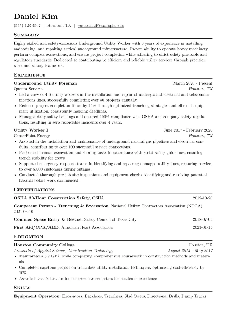 Underground Utility Worker Resume Example CV template preview