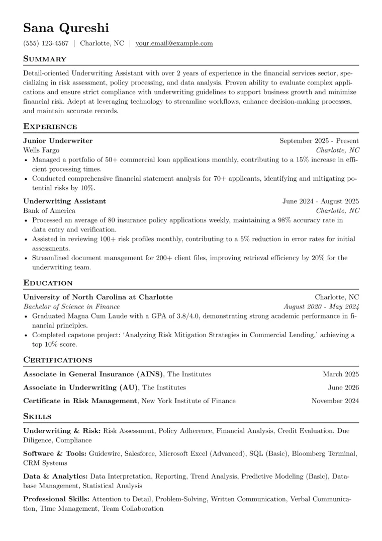 Underwriting Assistant Resume Example preview