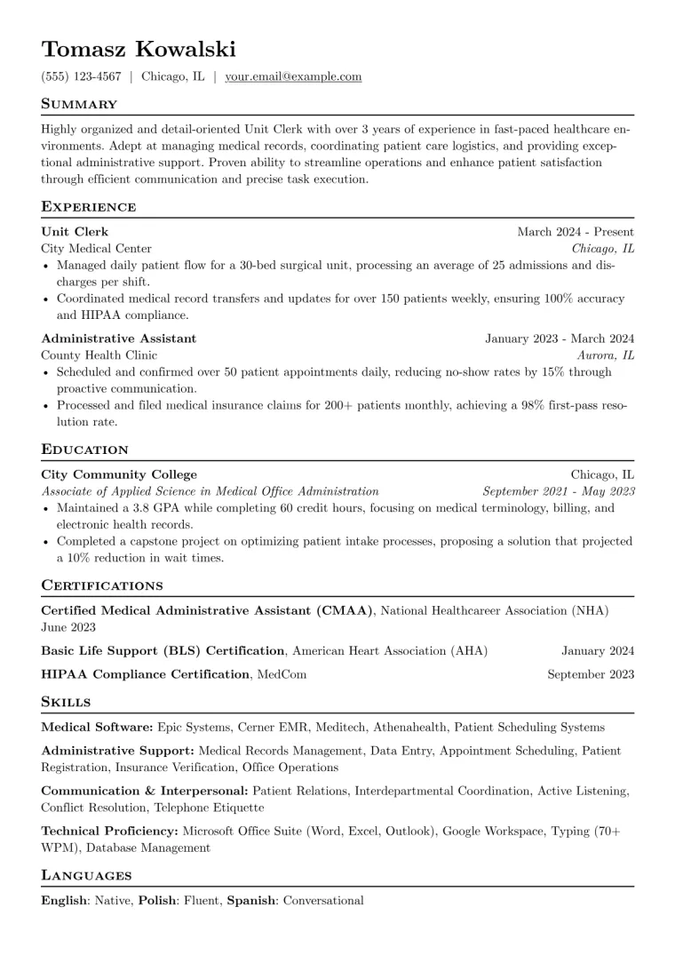 Unit Clerk Resume Example preview