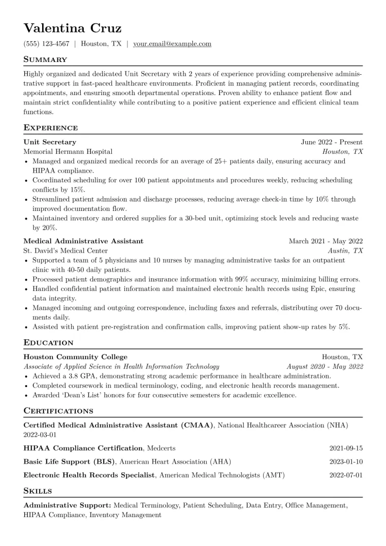 Unit Secretary Resume Example CV template preview