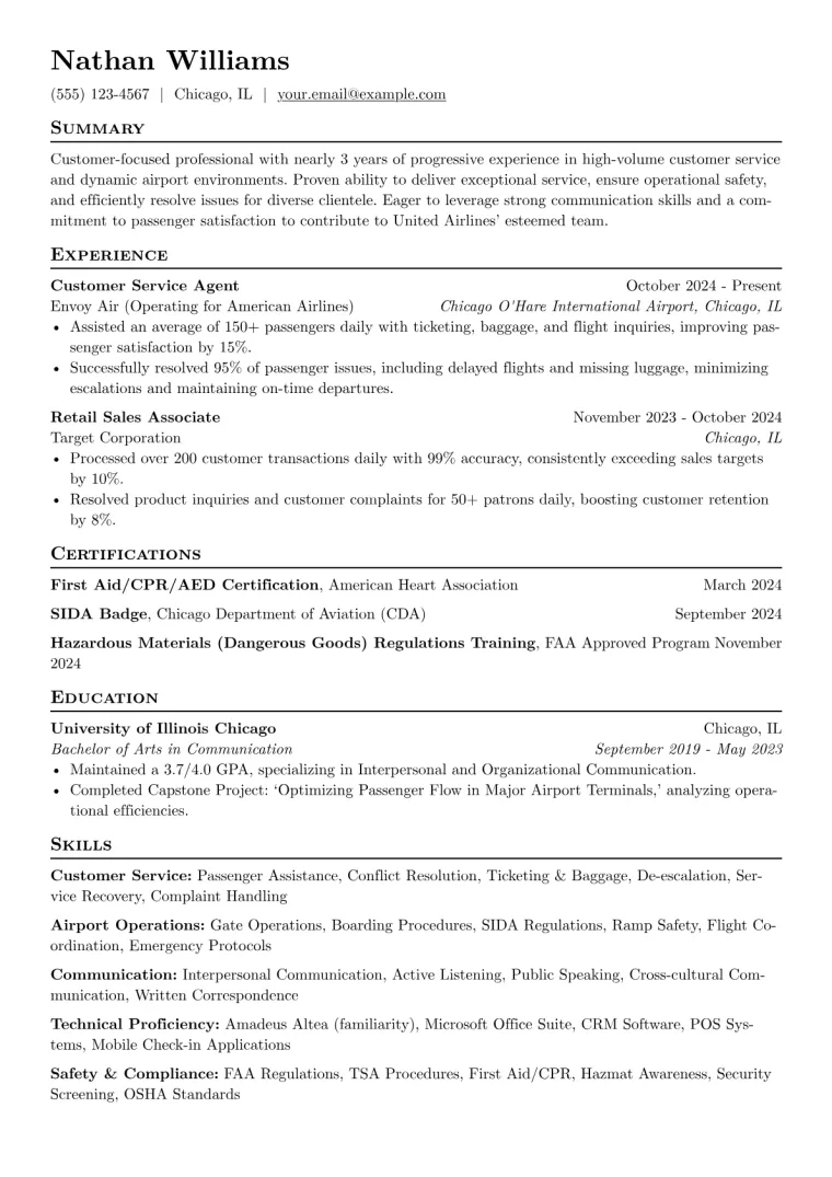 United Airlines Resume Example CV template preview