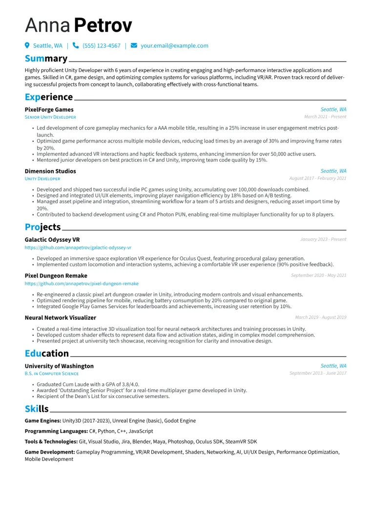 Unity Developer Resume Example CV template preview