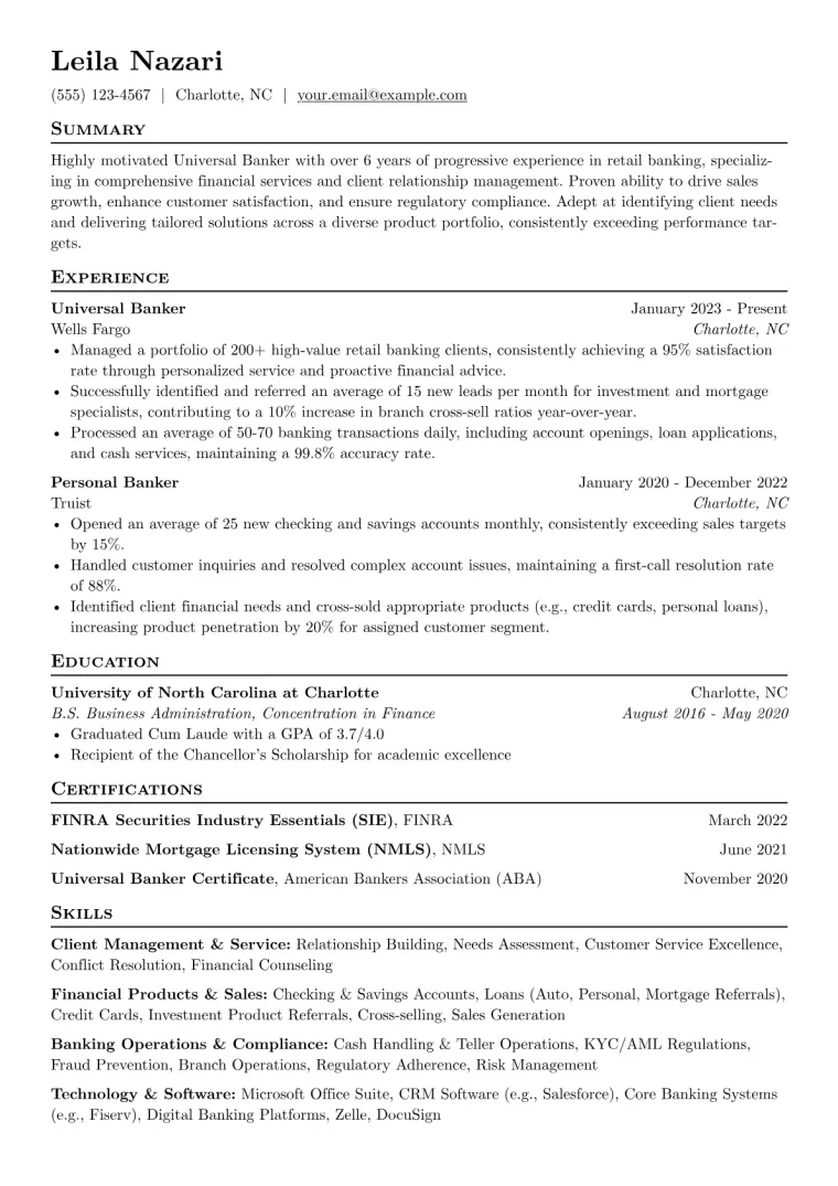 Universal Banker Resume Example CV template preview
