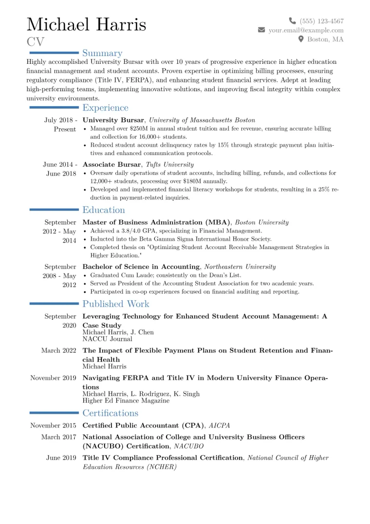 University Bursar Resume Example CV template preview