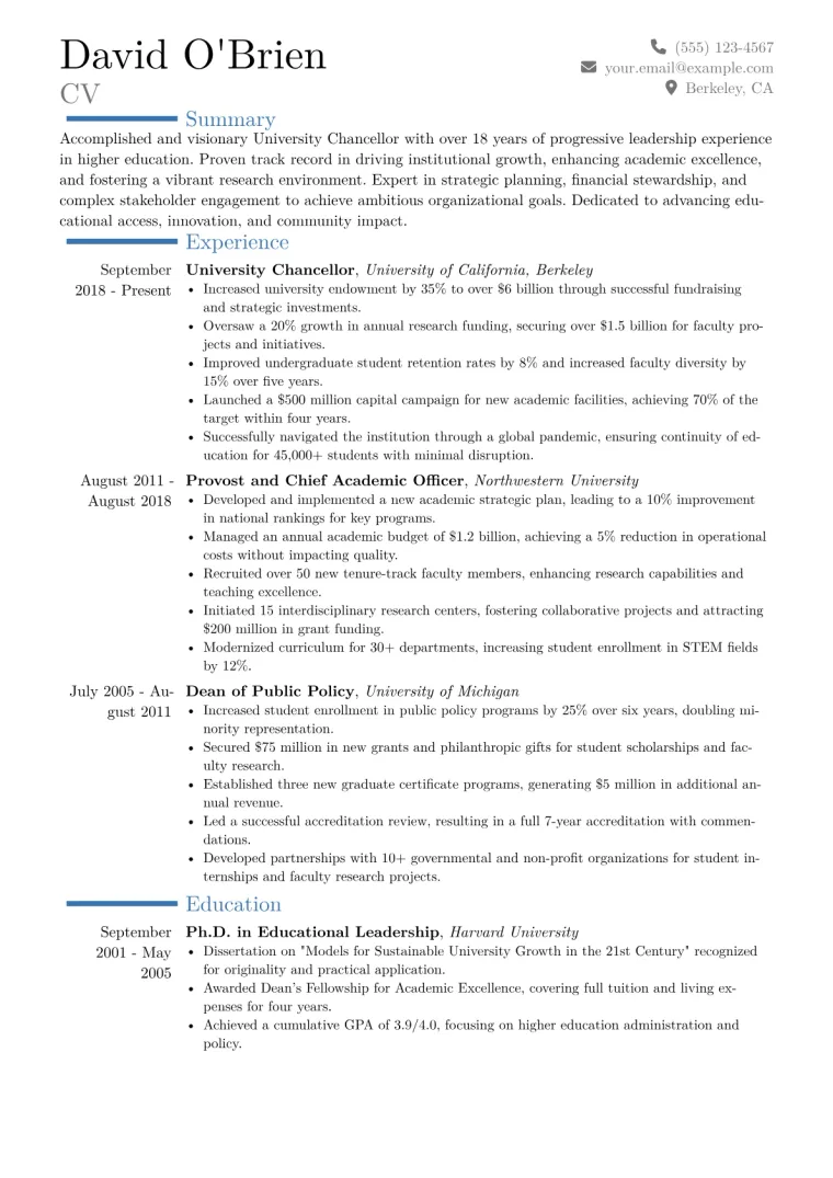 University Chancellor Resume Example CV template preview
