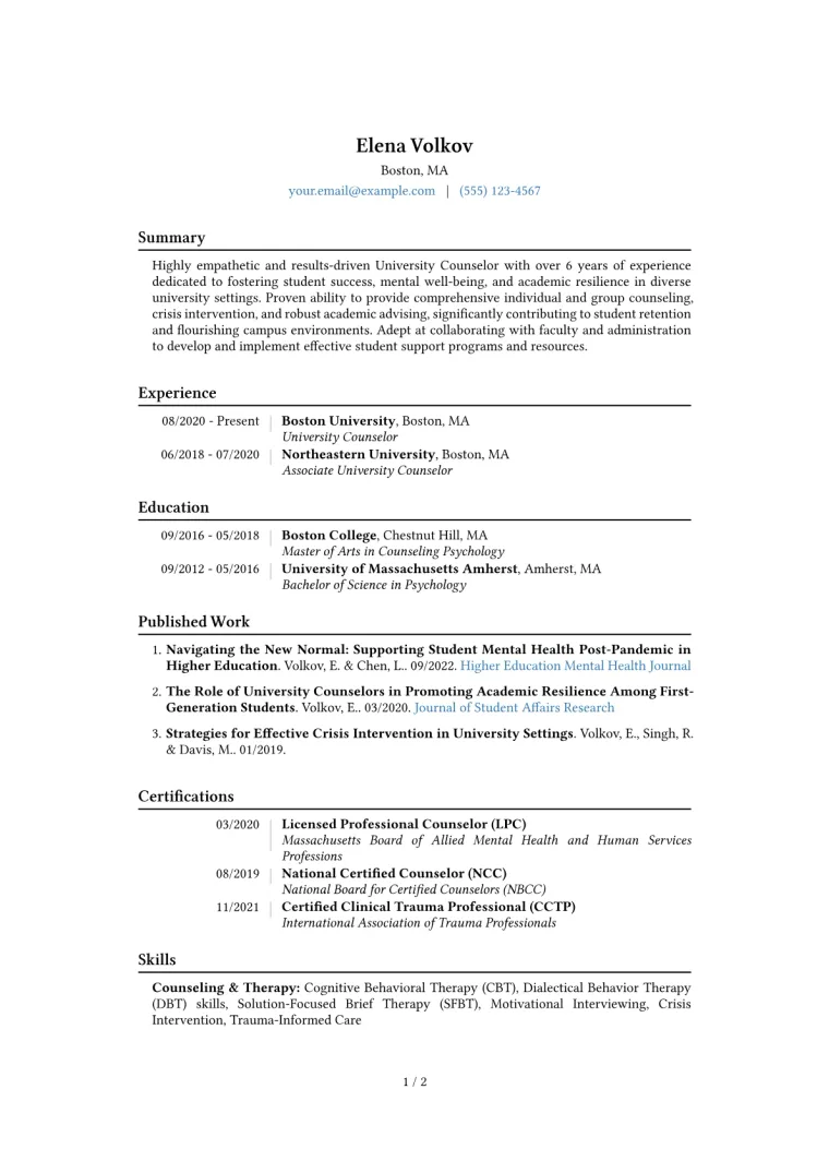 University Counselor Resume Example CV template preview