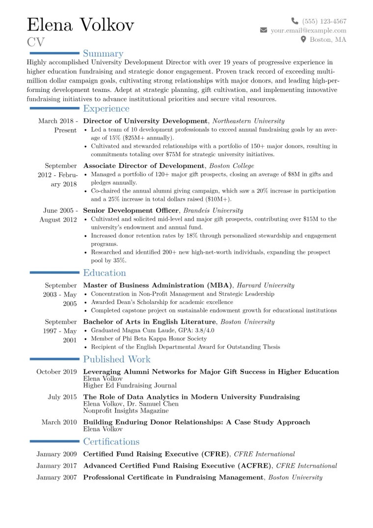 University Development Director Resume Example CV template preview