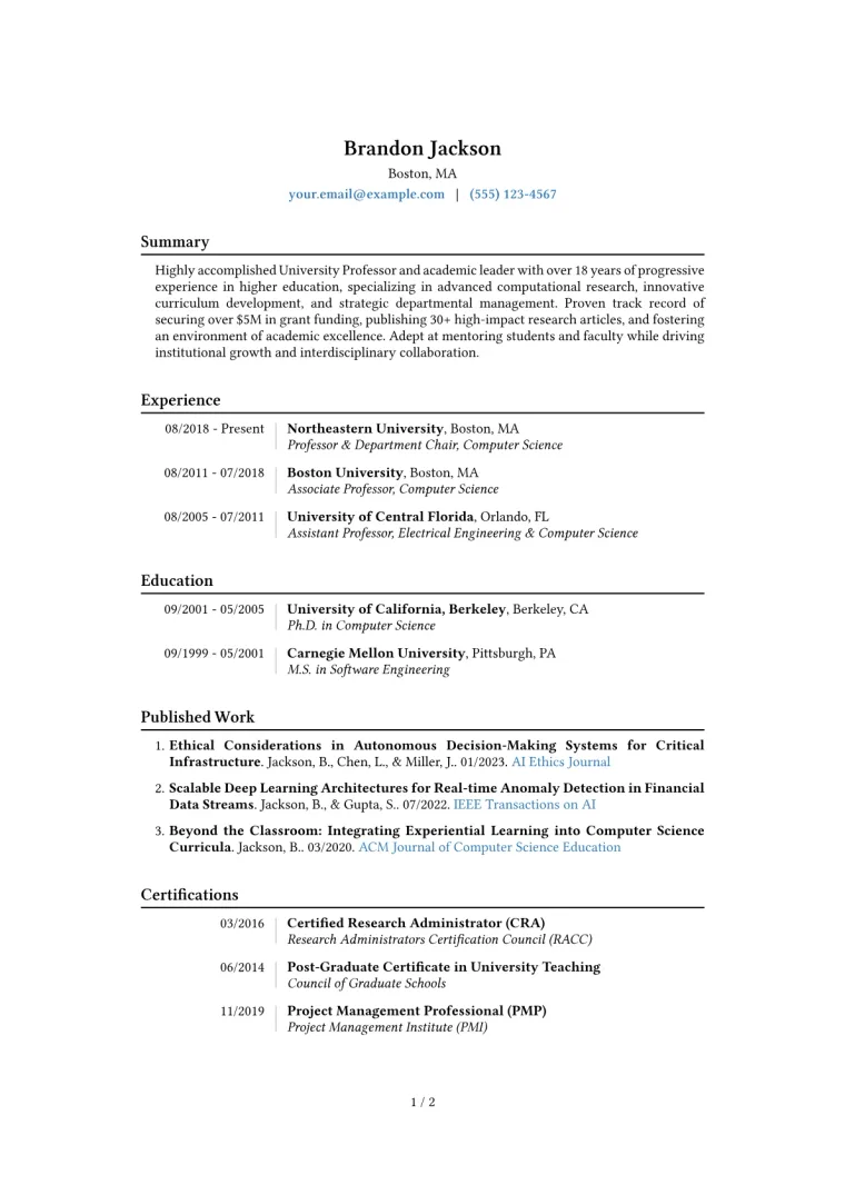 University Professor Resume Example CV template preview
