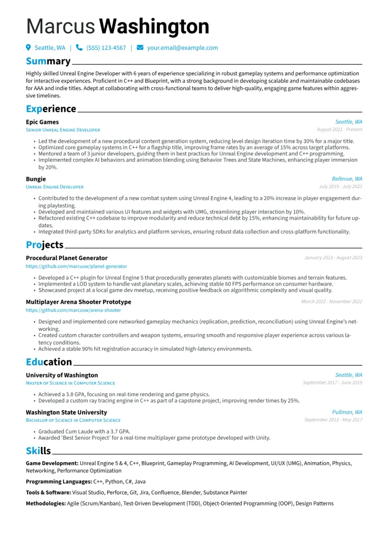 Unreal Engine Developer Resume Example CV template preview