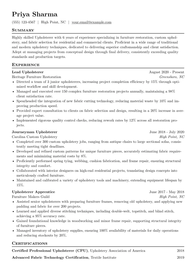 Upholsterer Resume Example CV template preview