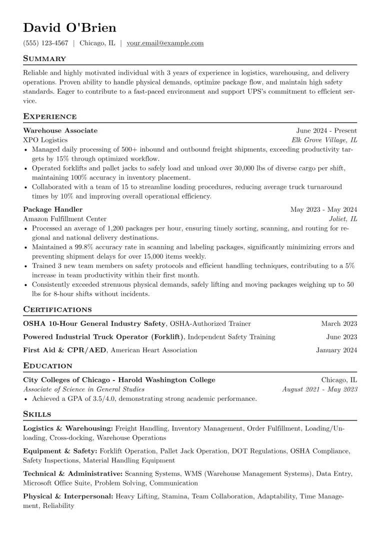 UPS Resume Example preview