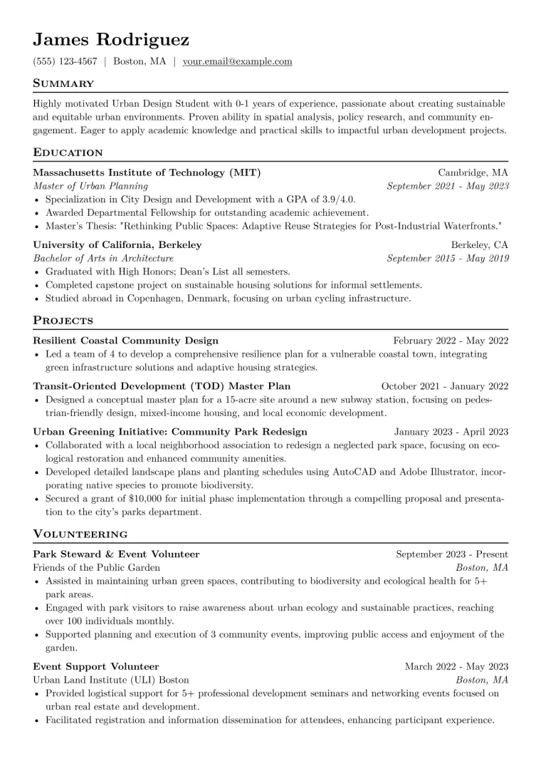 Urban Design Student Resume Example CV template preview