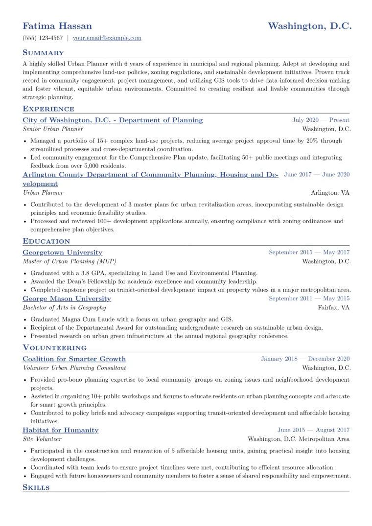 Urban Planner Resume Example CV template preview