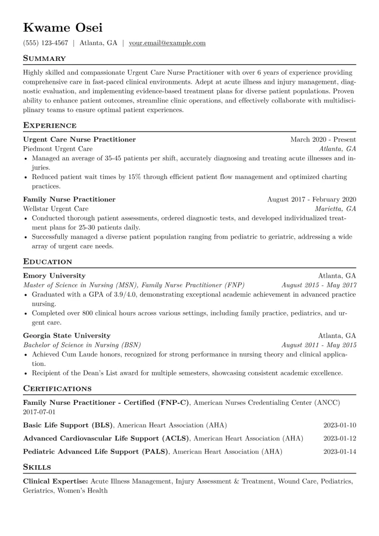 Urgent Care NP Resume Example CV template preview