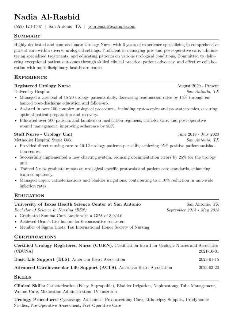 Urology Nurse Resume Example CV template preview