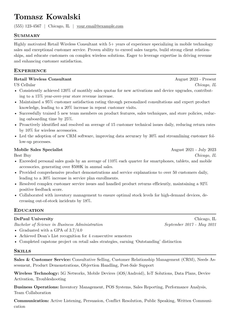 US Cellular Retail Wireless Consultant Resume Example CV template preview