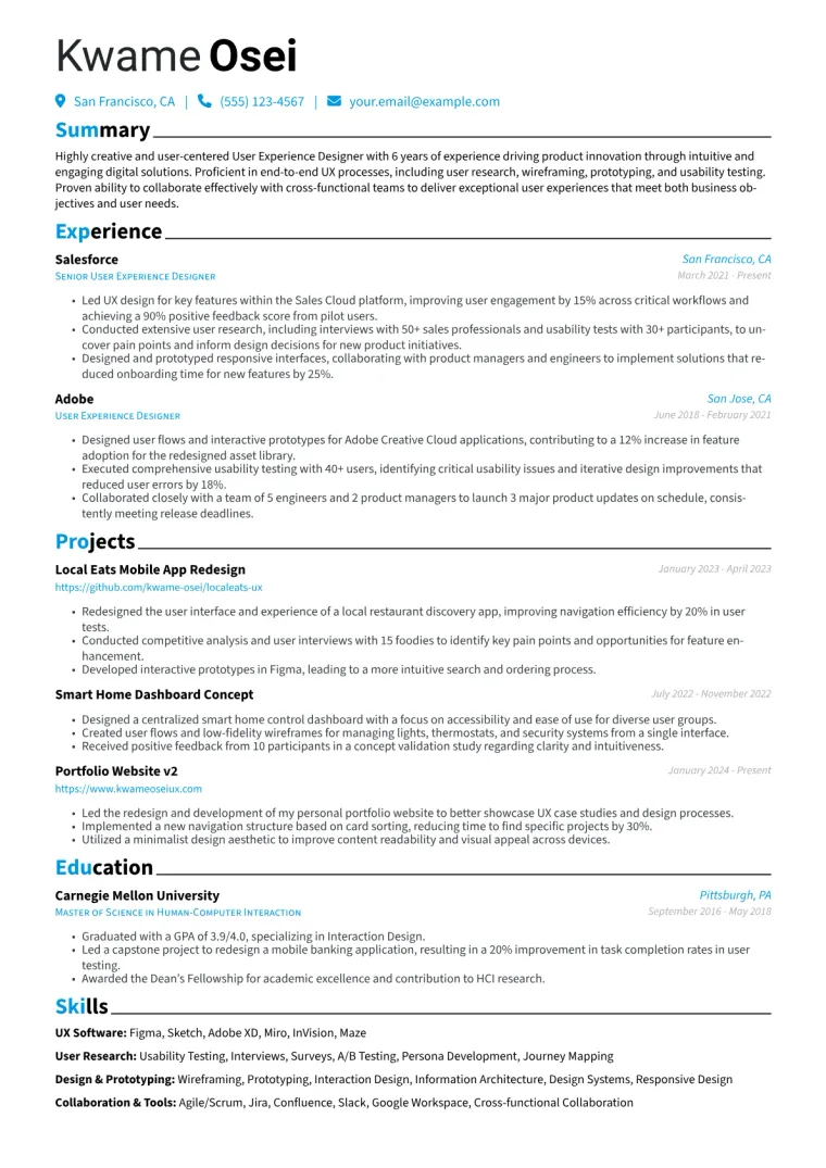 User Experience Designer Resume Example CV template preview