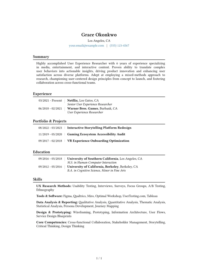 User Experience Researcher Resume Example CV template preview