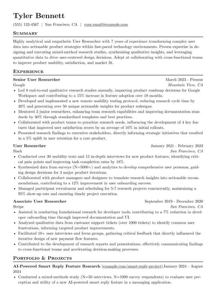User Researcher Resume Example preview