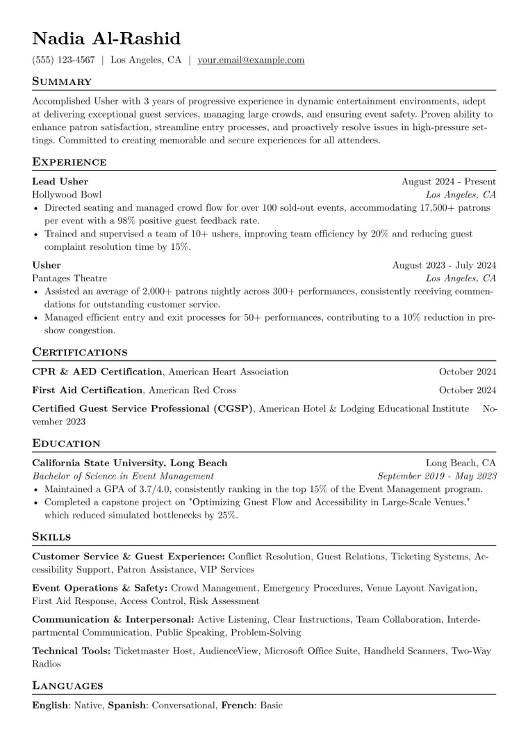 Usher Resume Example preview