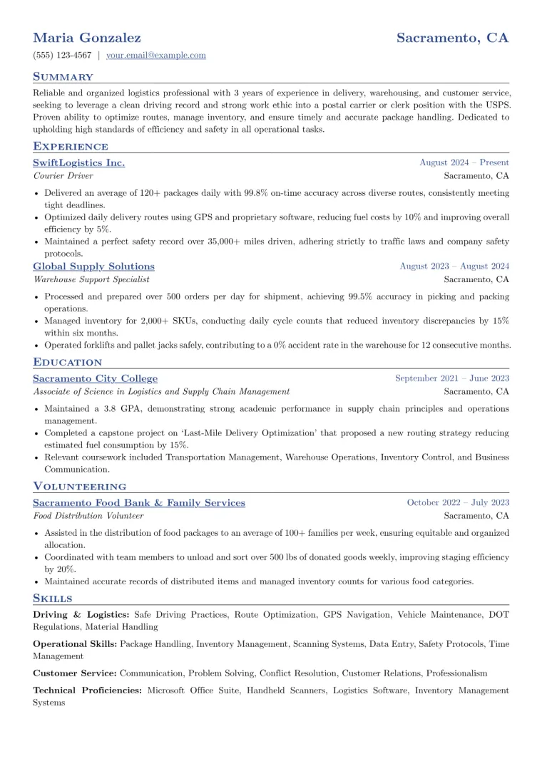 USPS Resume Example CV template preview