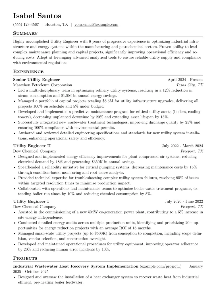 Utility Engineer Resume Example CV template preview