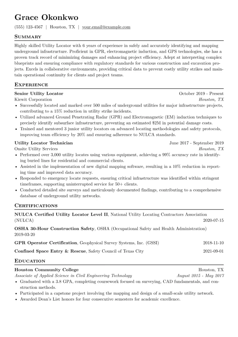 Utility Locator Resume Example CV template preview