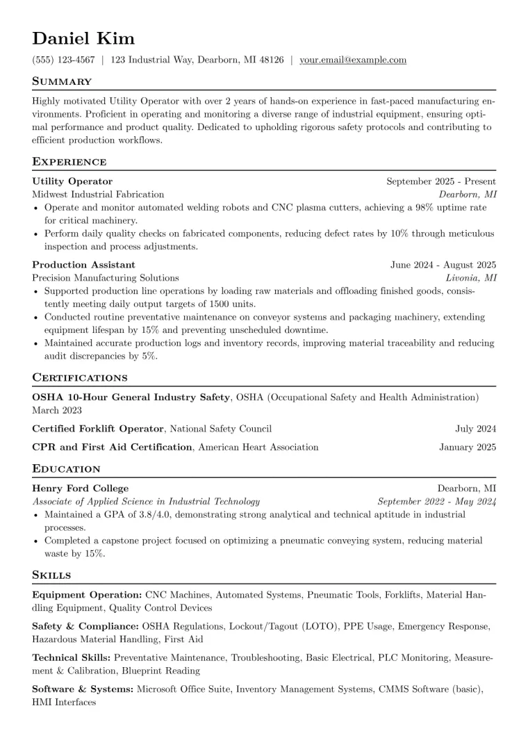 Utility Operator Resume Example CV template preview