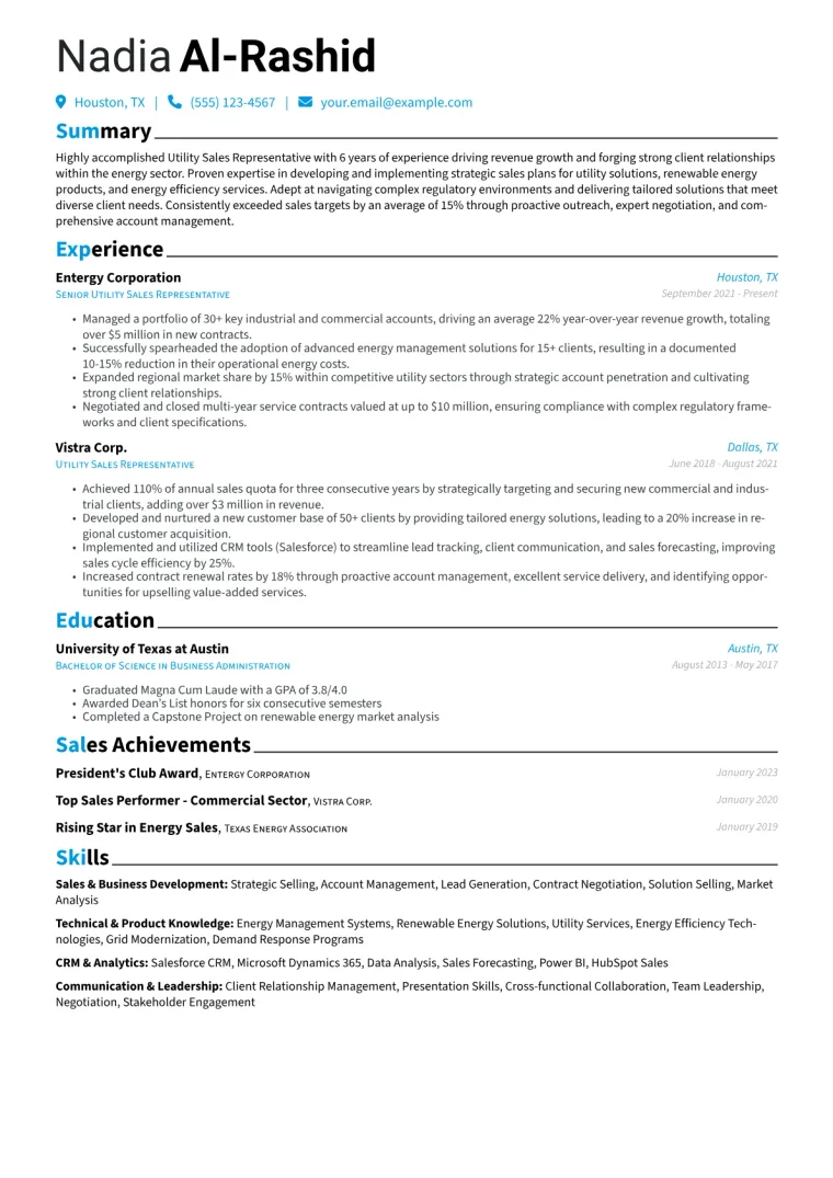 Utility Sales Representative Resume Example CV template preview