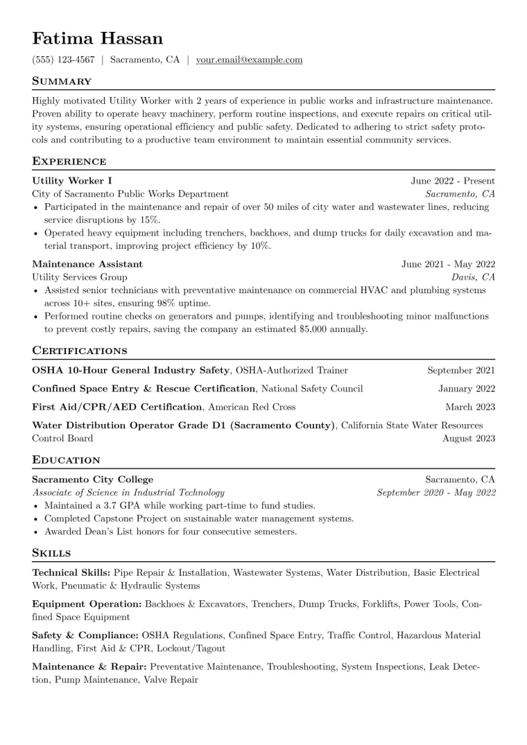 Utility Worker Resume Example CV template preview