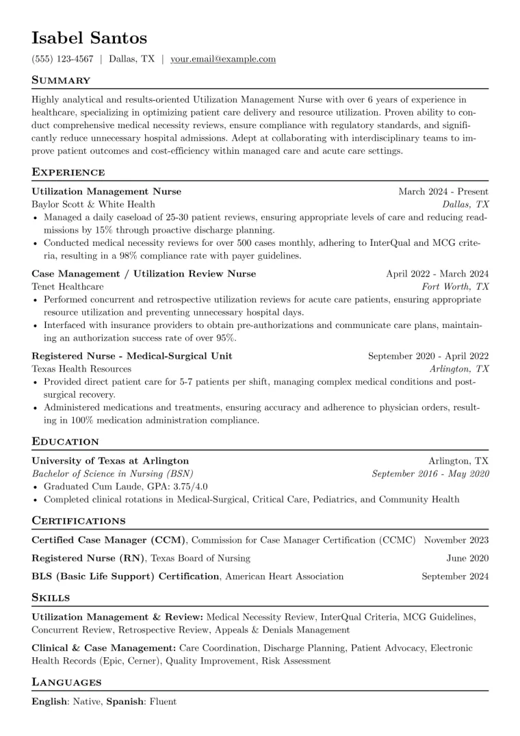 Utilization Management Nurse Resume Example CV template preview
