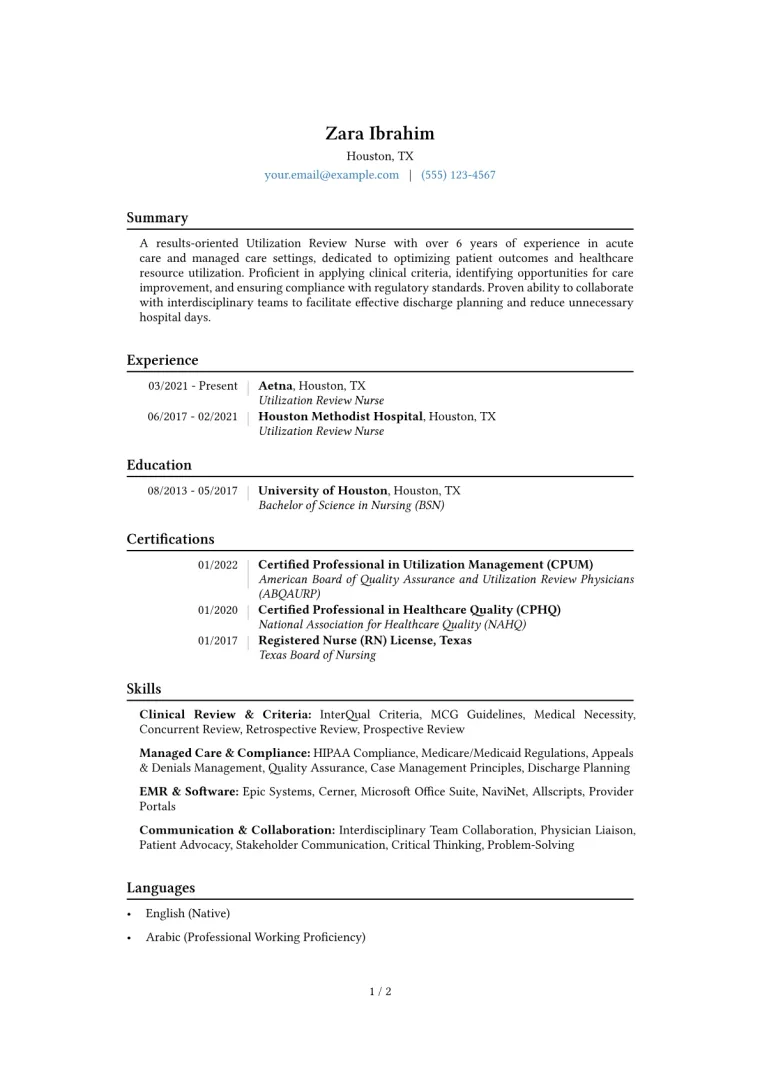 Utilization Review Nurse Resume Example CV template preview
