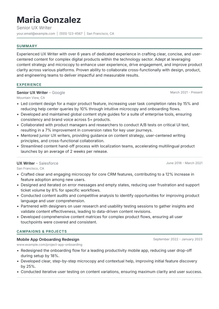 UX Writer Resume Example CV template preview