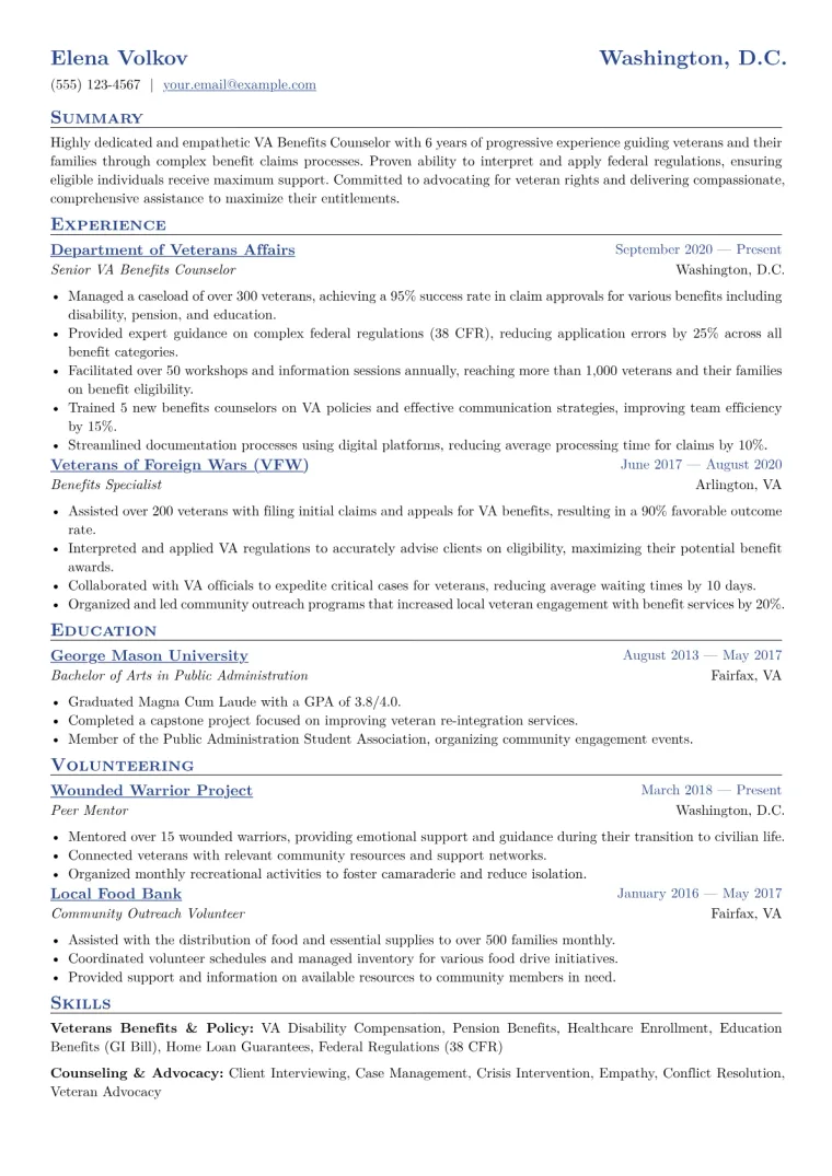 VA Benefits Counselor Resume Example CV template preview