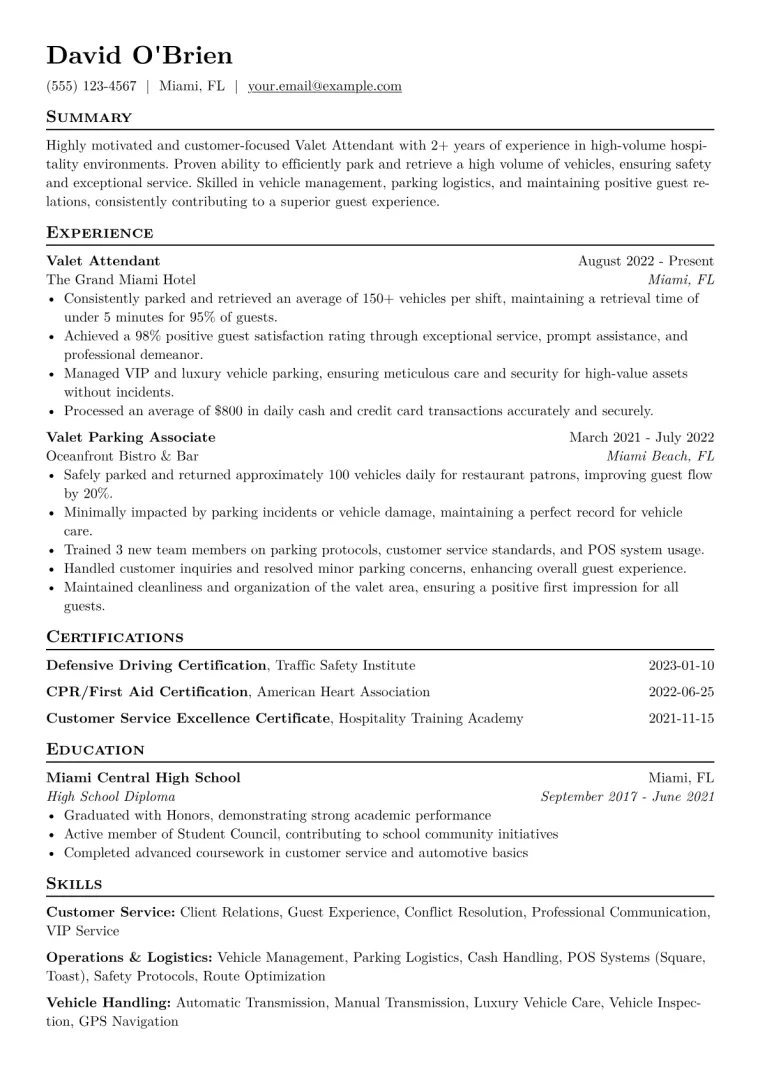 Valet Attendant Resume Example CV template preview