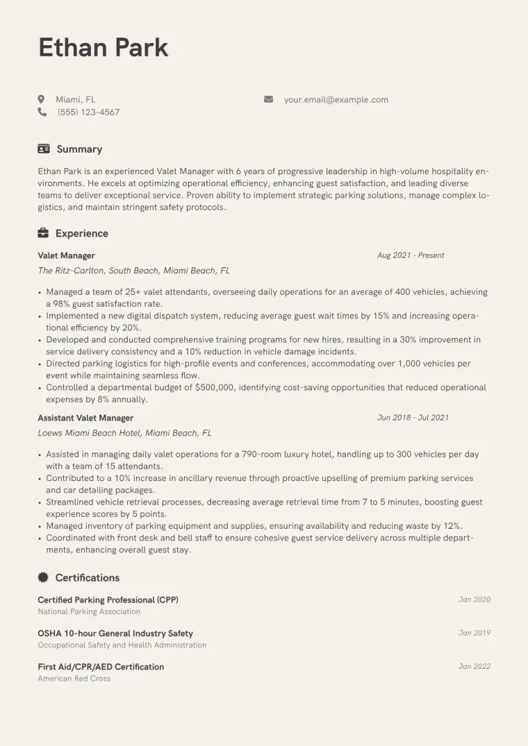 Valet Manager Resume Example CV template preview